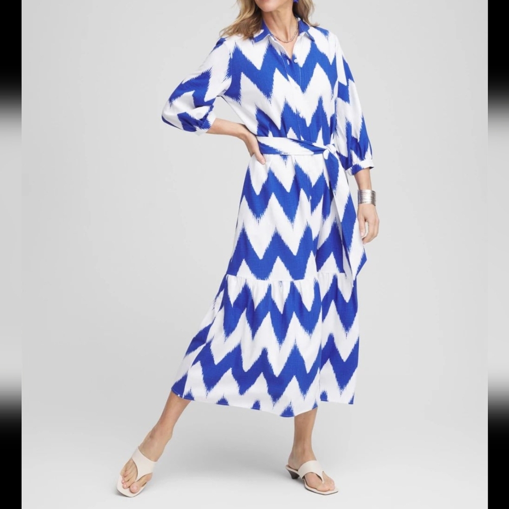Chicos Blue and White Chevron Maxi Linen Shirt Dress Size 14